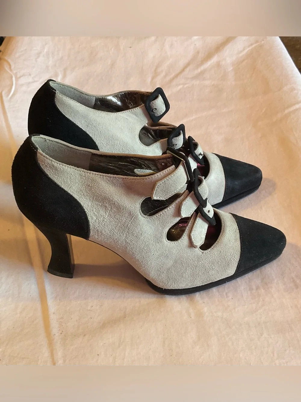 Anne Klein Vintage Grey & Black Cap-Toe Triple Buckle Heeled Booties
